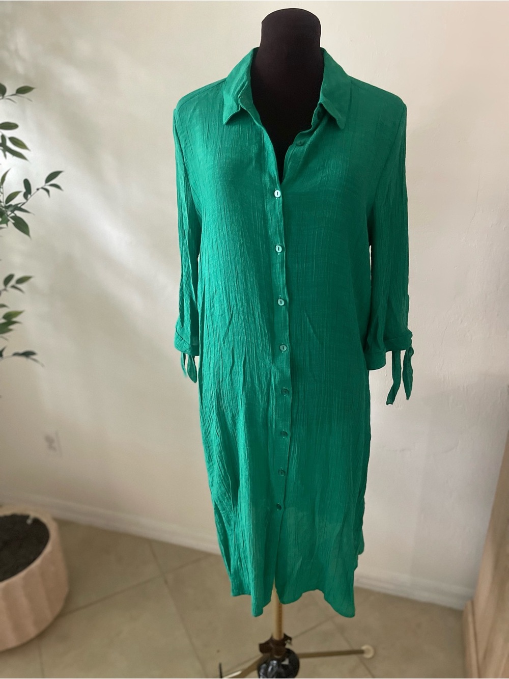 Emerald Green Button-Front Women's Shirt midi dress tie sleeves XL